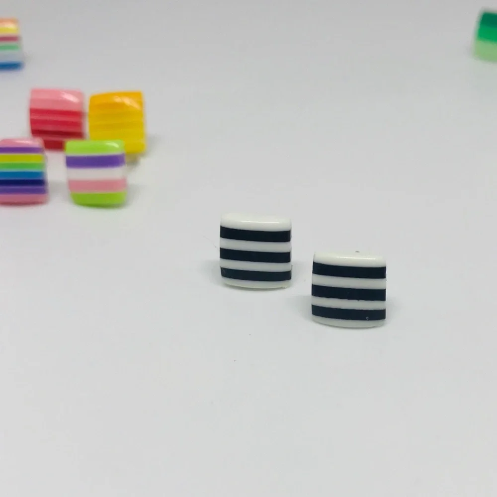 Black & White Minimalist Repurposed Vintage Striped Bead Stud Earrings